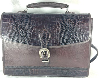 BRIGHTON Brown Leather Croc Embossed Laptop Portfolio Briefcase Bag