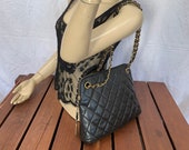 1989 CHANEL Black Quilted Lambskin Medium Tote Chain Link Shoulder Bag Made in Italy