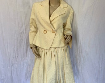 CHRISTIAN DIOR 90's 2 Piece Skirt Suit In Yellow Cotton Made in France Size 40