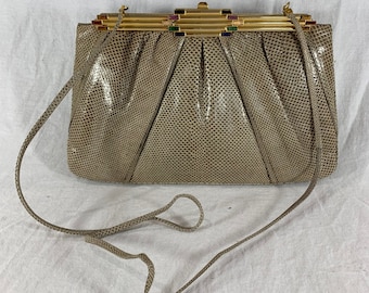 Bolso de mano/hombro vintage auténtico Judith Leiber color beige Karung con marco de piedras preciosas