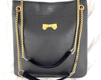 NINA RICCI Authentic Vintage Gold Chain Link Black Leather Logo Tote Shoulder Bag