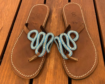 Damesslippers sandalen met kralen veelkleurig zuidwesten handgemaakt maat 40 9.5US