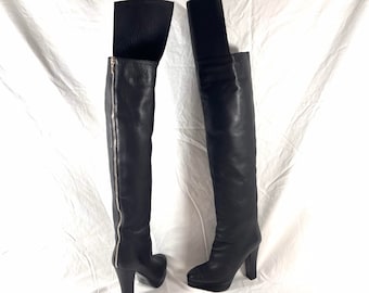 CHANEL CC Logo Black Leather Knee High Boots Made in Italy Marked as 37 7US