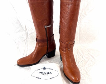 PRADA Authentic Knee High Brown leather Motorcycle Women's Zip Boots 35 5US