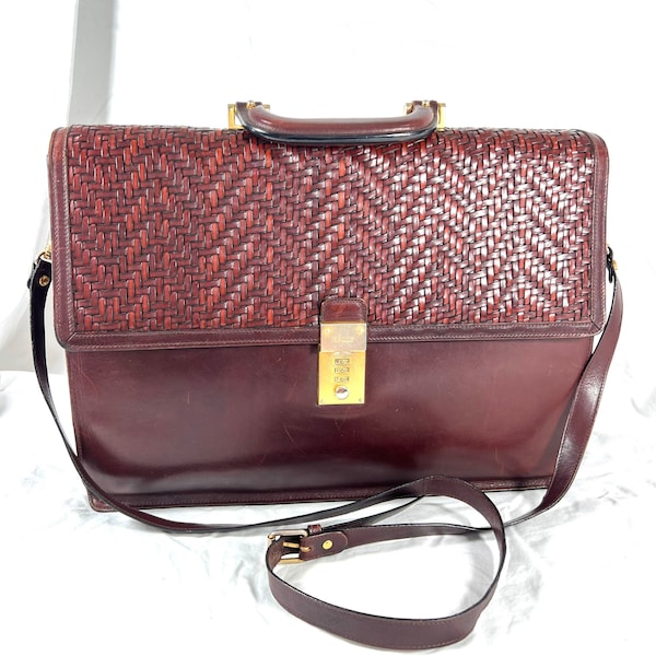 BALLY Vintage Oxblood Leather Woven Leather Flap Brief Briefcase Messenger Bag Made in Italy