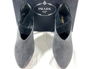 PRADA Gray Black Suede Boots Booties With Cris Cross 38.5 8.5US