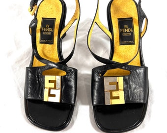 Vintage FENDI Zucca Logo Plaque Heels Sandals 36 6US Made in Italy