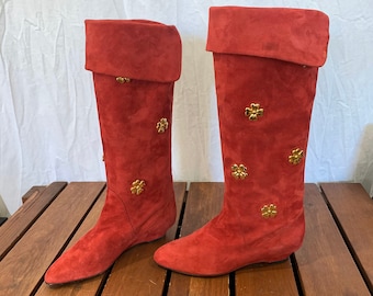 ESCADA Studded Flowers Pull On Women's Red Suede Leather Boots 35.5EU 5.5US Made in Italy