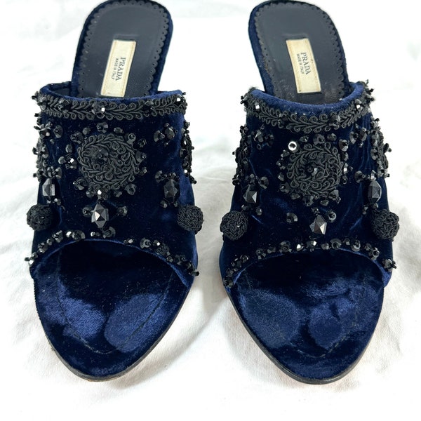 PRADA Navy Blue Velvet Faux Stone Embroidered Heels Sandals 36.5 - 6.5US