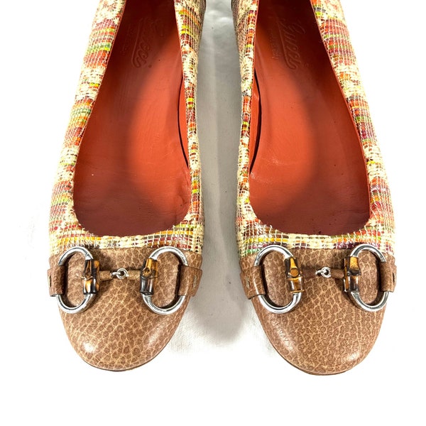 GUCCI Multi Tweed Raffia Tan Leather Cap Toe Horsebit Ballet Flats 38 - 8US