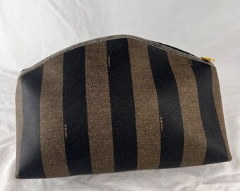 【美品】FENDI ヴィンテージ ポーチ/Pequin Stripe 茶黒 Vintage Fendi Pequin Striped Coated Canvas Crossbody Bag