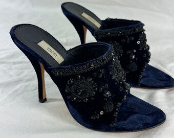PRADA Navy Blue Velvet Faux Stone Embroidered Heels Sandals 36.5