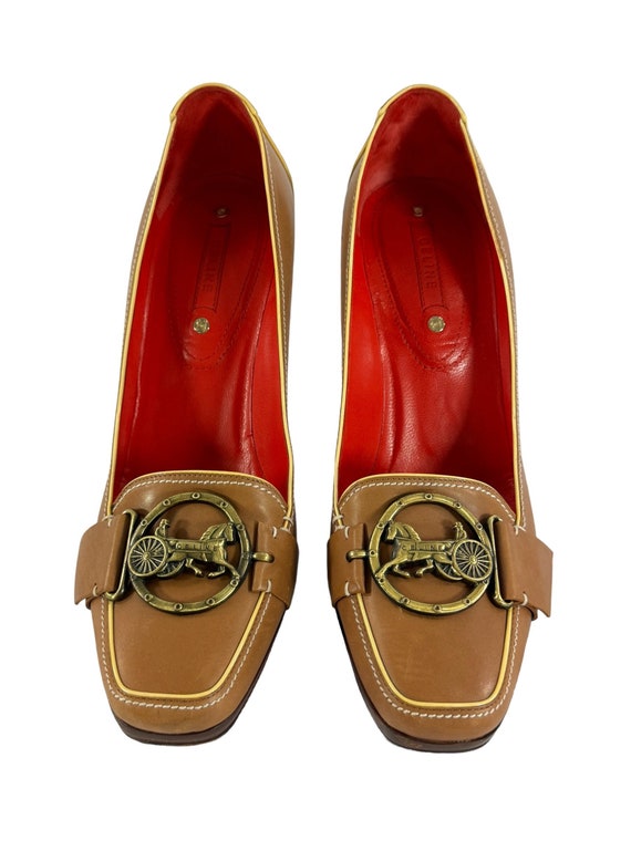 CELINE Tan Leather Horse Front Medallion Heeled Loafers Made in 