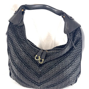 20% Off SALE SALVATORE FERRAGAMO Black Leather Intertwined Pattern Zoe Hobo Tote Shoulder Bag