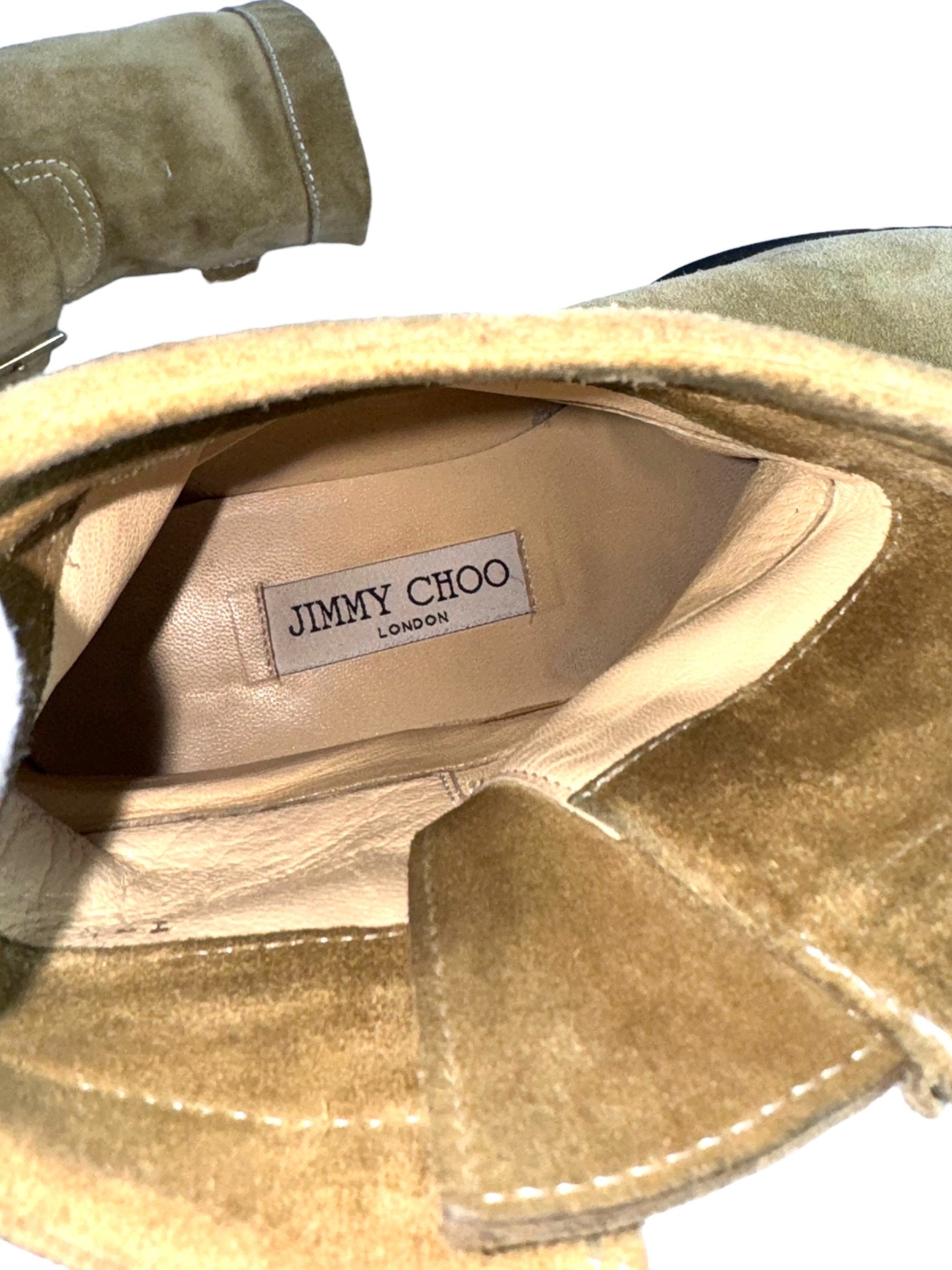 JIMMY CHOO Tan Suede Double Buckle Ankle Moto Biker Boots 37.5