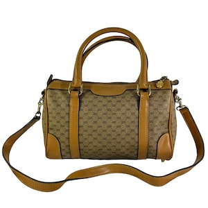 Bolso satchel GUCCI con monograma GG micro en lona beige y piel color canela de los años 70 fabricado en Italia