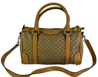Bolso satchel GUCCI con monograma GG micro en lona beige y cuero tostado, años 70, fabricado en Italia