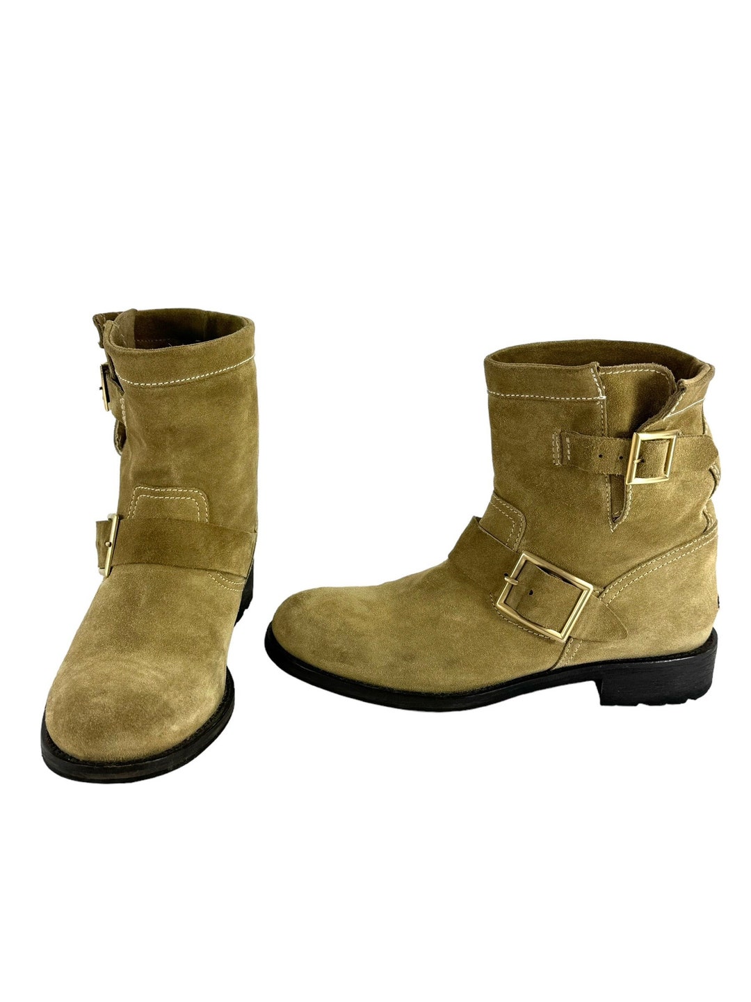 JIMMY CHOO Tan Suede Double Buckle Ankle Moto Biker Boots  display picture 3