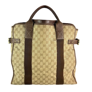 GUCCI Beige GG Canvas and Leather Trim Vertical Tote Made in Italy