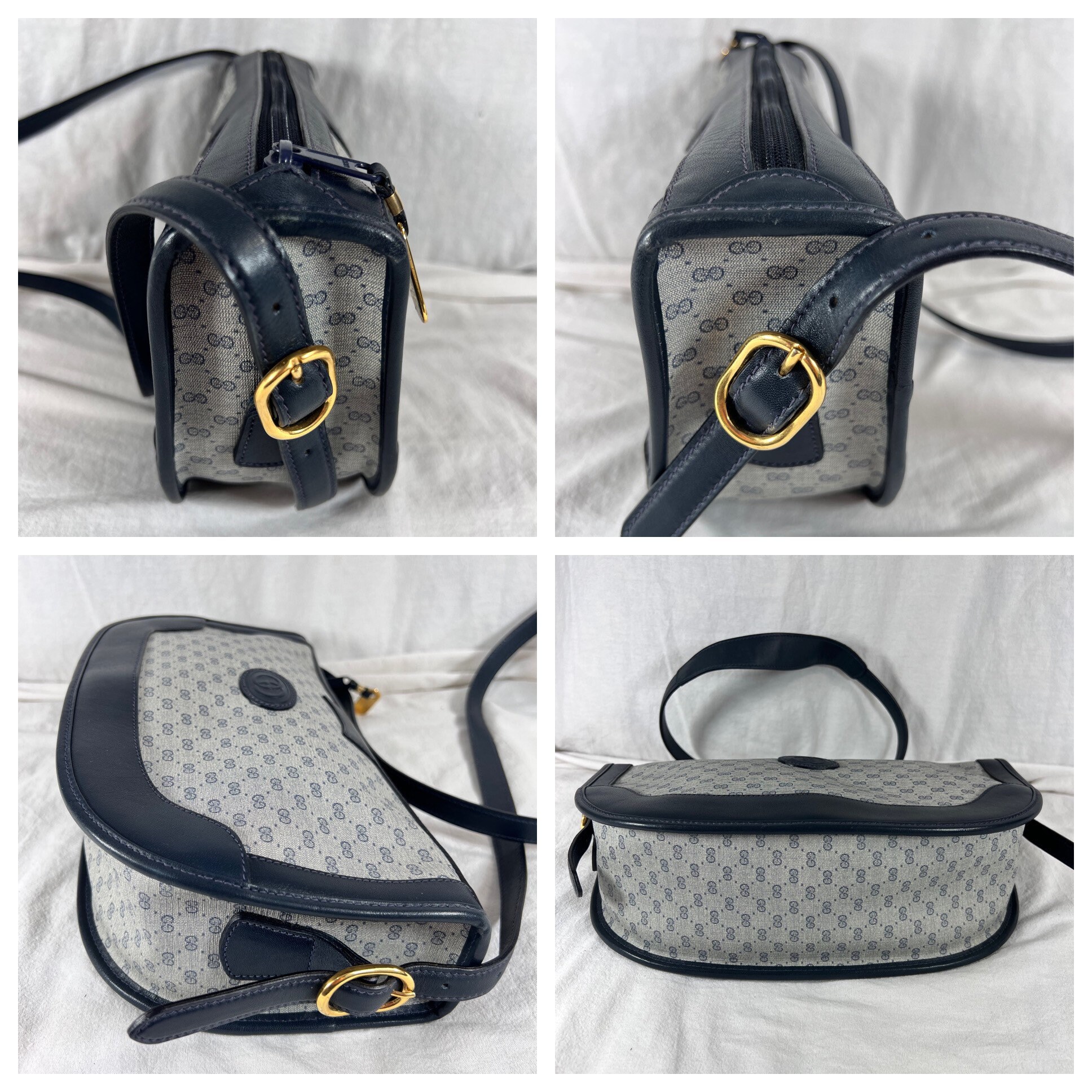GUCCI Authentic Navy Blue Leather and Canvas Crossbody Shoulder
