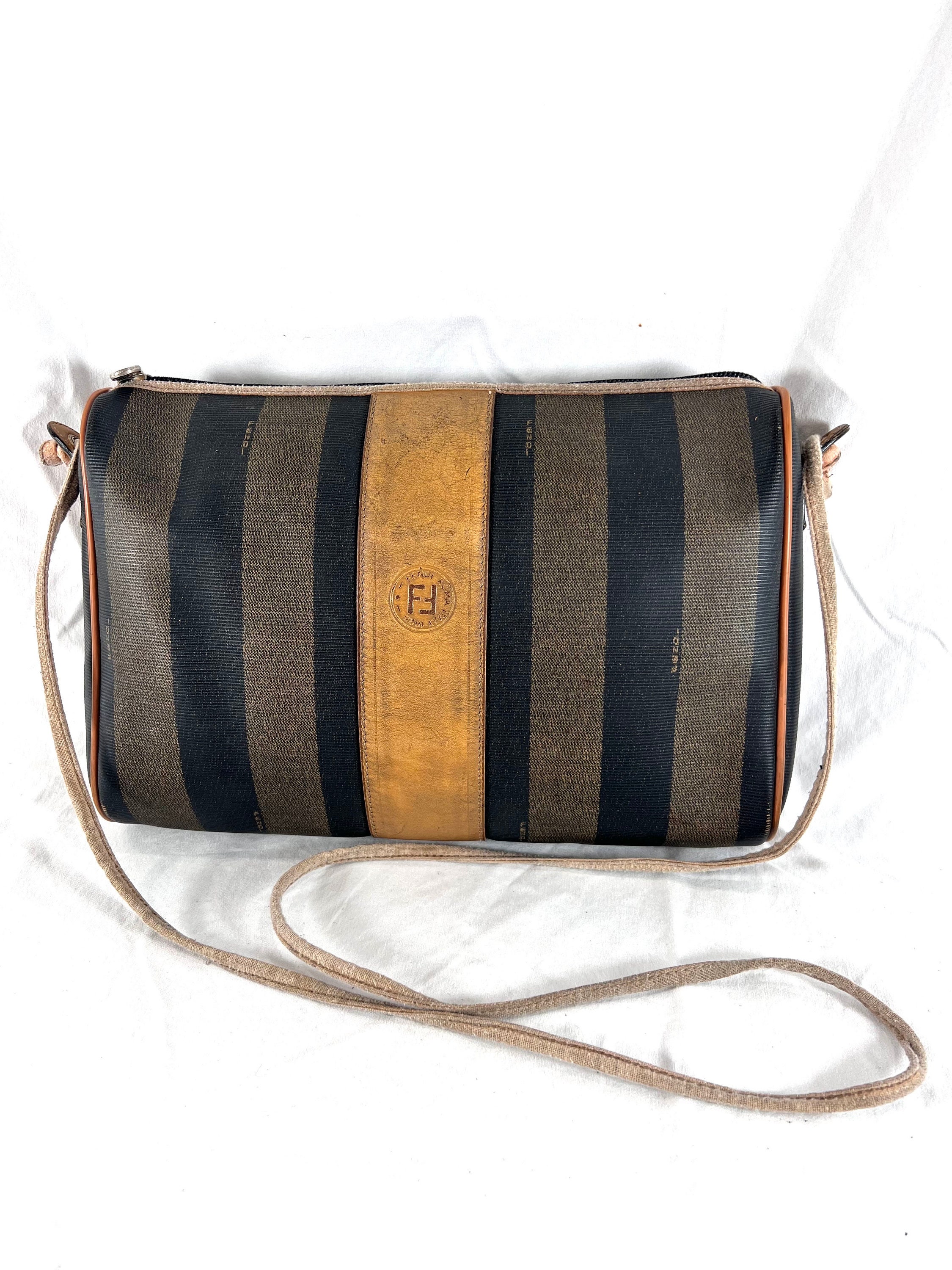 Vintage FENDI Pequin 1980s Crossbody Striped Leather and Coated