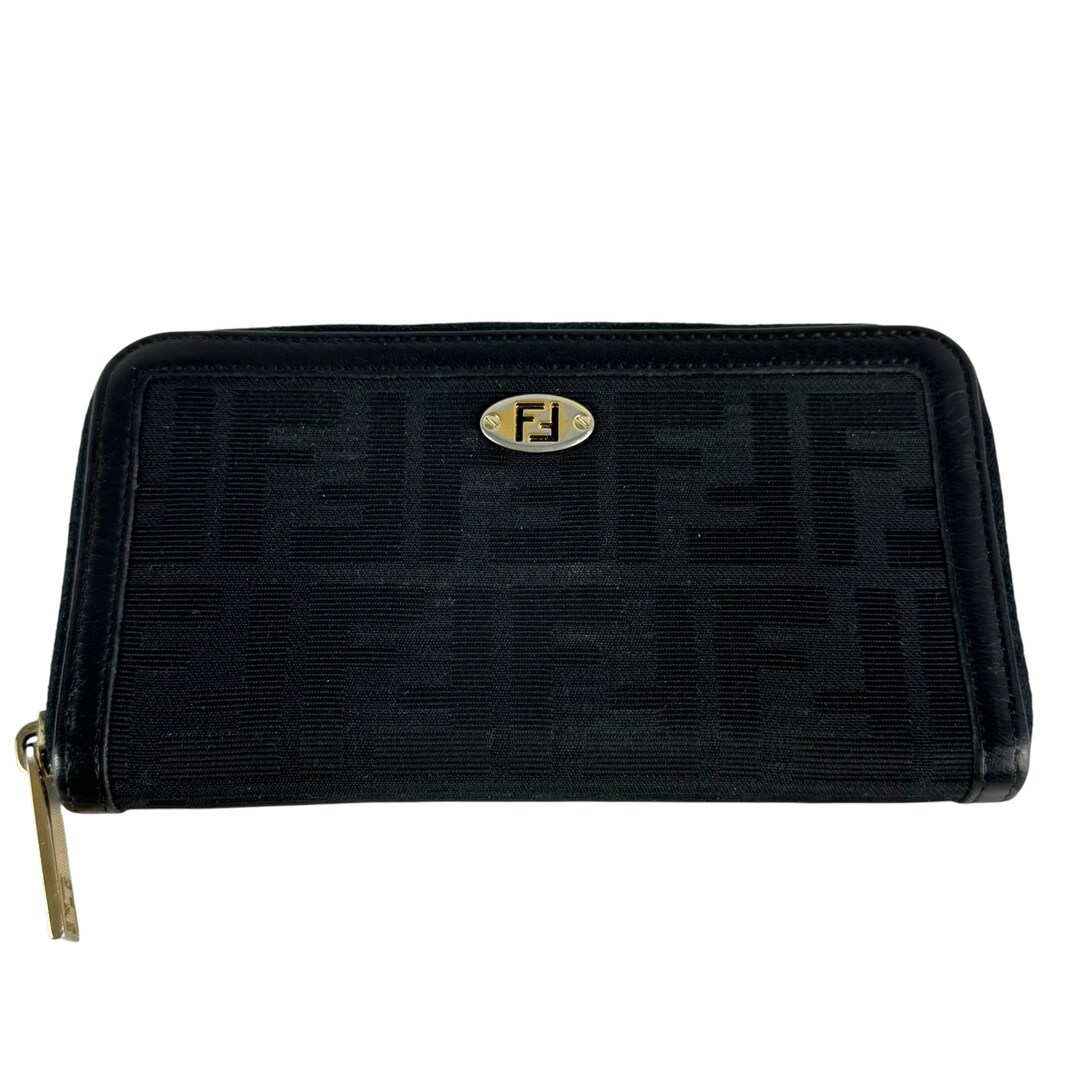 FENDI Zucca Zippy Wallet Black Canvas Leather Zip Around