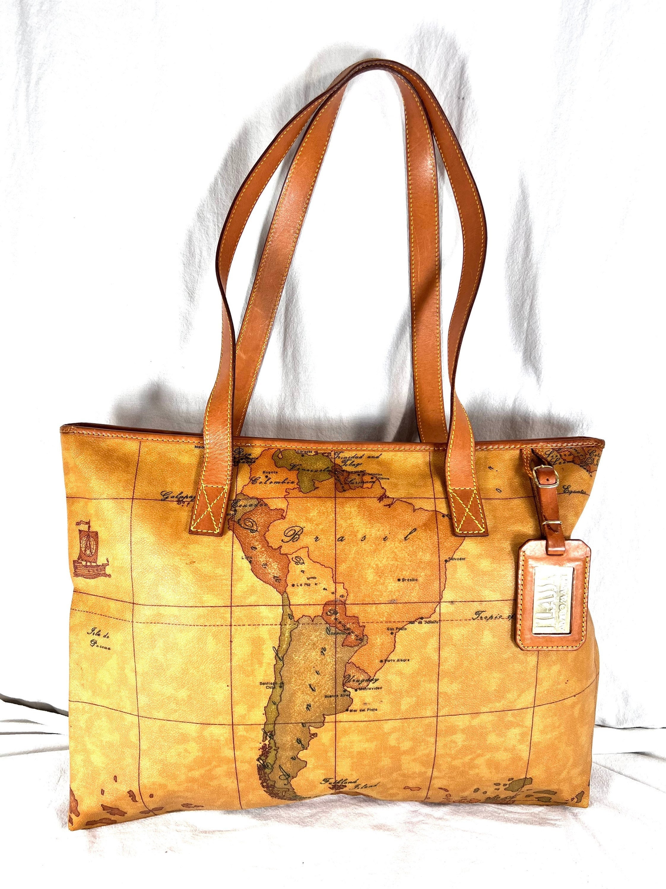 ALVIERO MARTINI Authentic World Map Tan Canvas and Leather