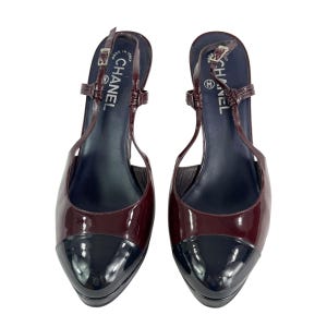 CHANEL Burgundy Navy Blue Patent Leather Cap Toe Pumps Made in Italy 41 - 10 US
