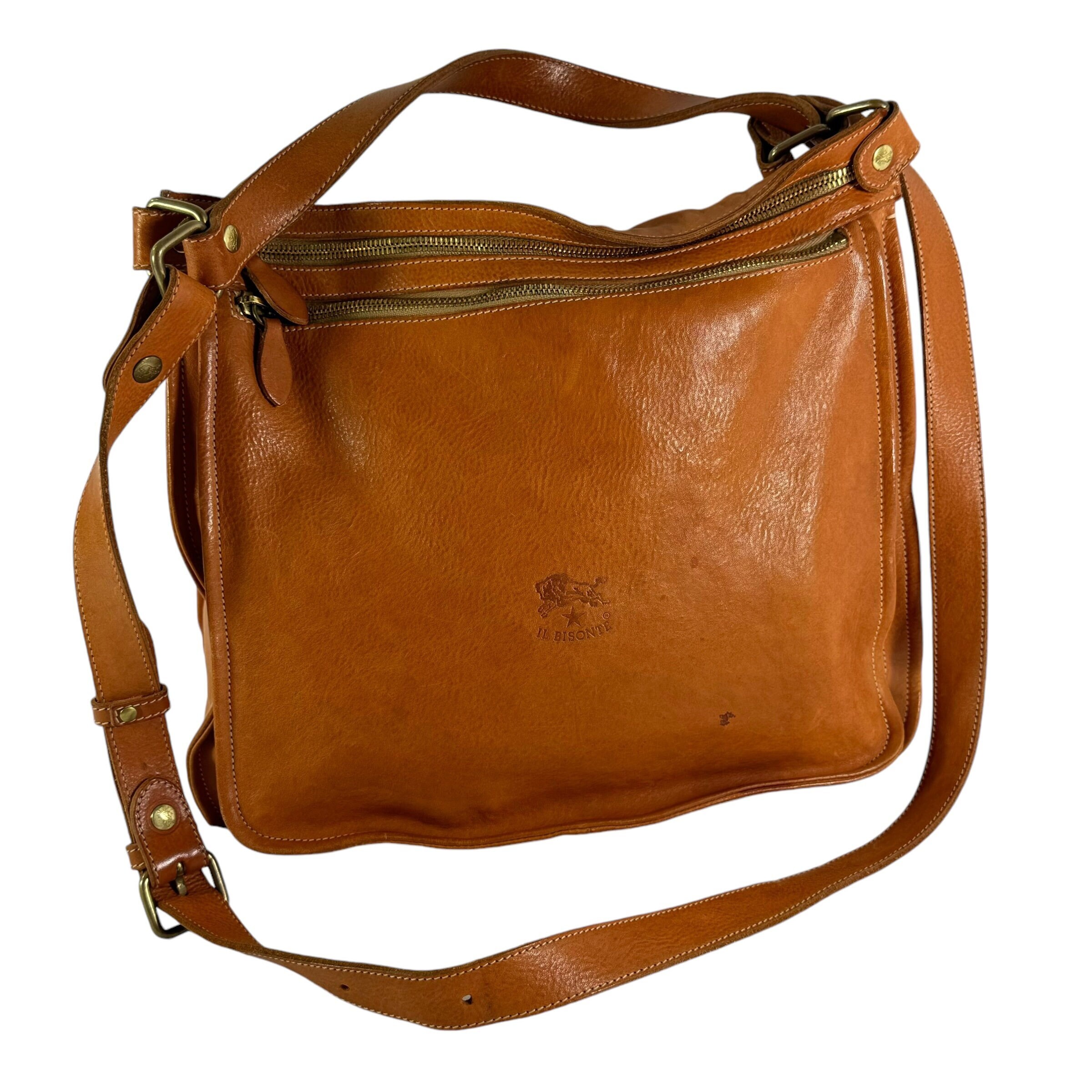 IL BISONTE WA Di Flippo Tan Leather Double Zip Large Crossbody Bag Made in Italy Etsy