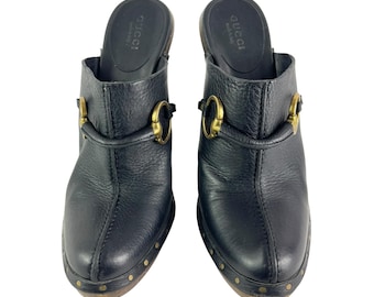 GUCCI Black Leather Horsebit Vintage Clog Pumps Made in Italy 7.5 B US