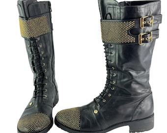 VERSUS VERSACE Black Leather Studded Women's High Books Made in Spain 38 - 8