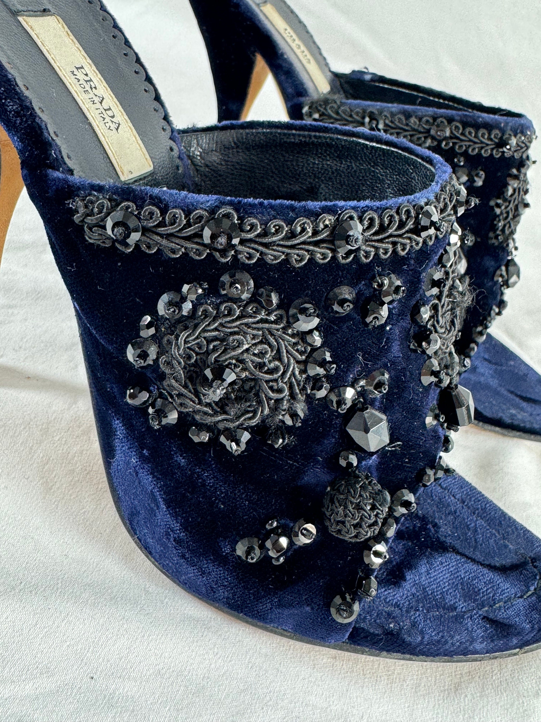 PRADA Navy Blue Velvet Faux Stone Embroidered Heels Sandals 36.5