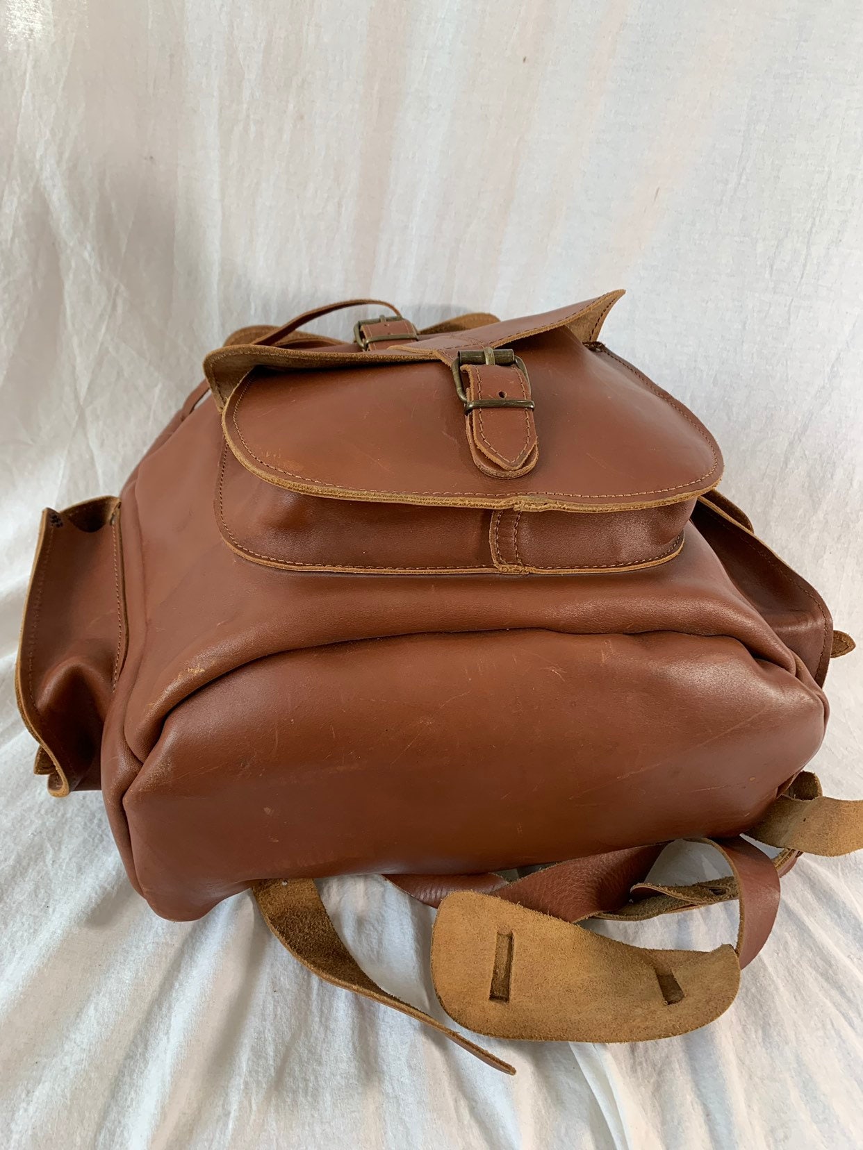 Vintage Tan Leather Drawstring Backpack Rucksack Rugged Bag Brown Rugged twill drawstring backpack by Filson | Tan (Beige) main image 2