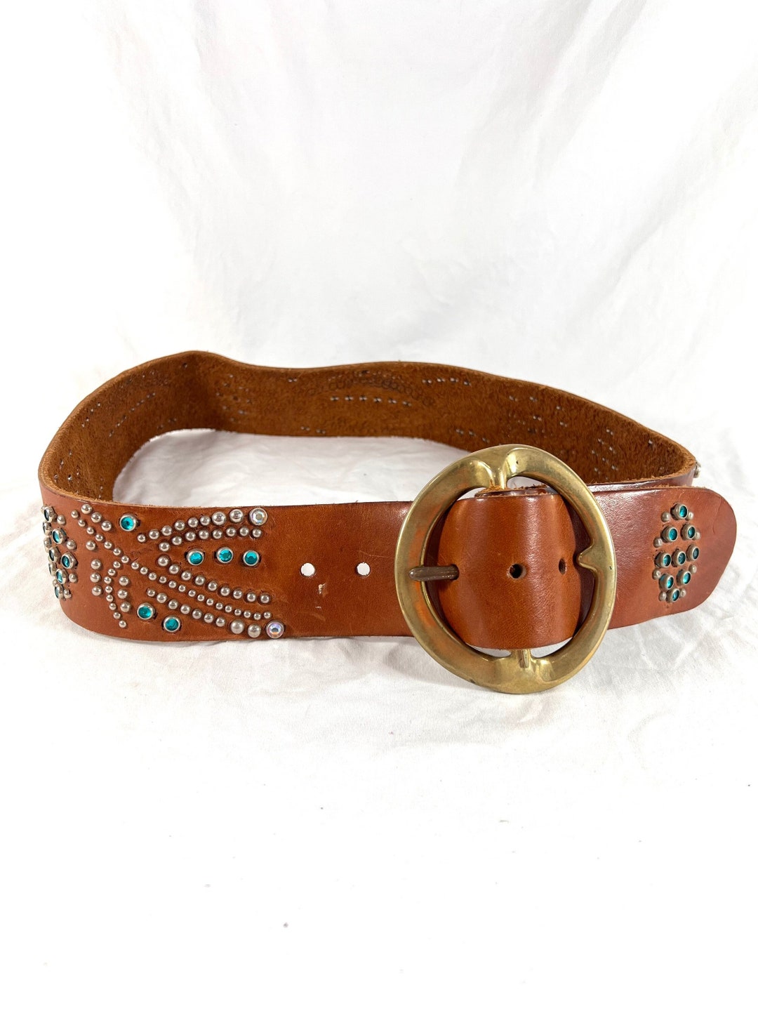 Vintage Women\'s Full Riveted Light Blue Rhinestone Handmade Tan Leather 36-42 Vintage Women main image 3