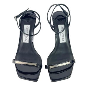 JIMMY CHOO Jaxon Logo Black Patent Leather Women Heels Sandals 36.5EU 6.5US