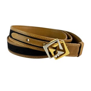 GUCCI Black GG Canvas Tan Leather Interlocking GG Buckle Unisex Belt 85