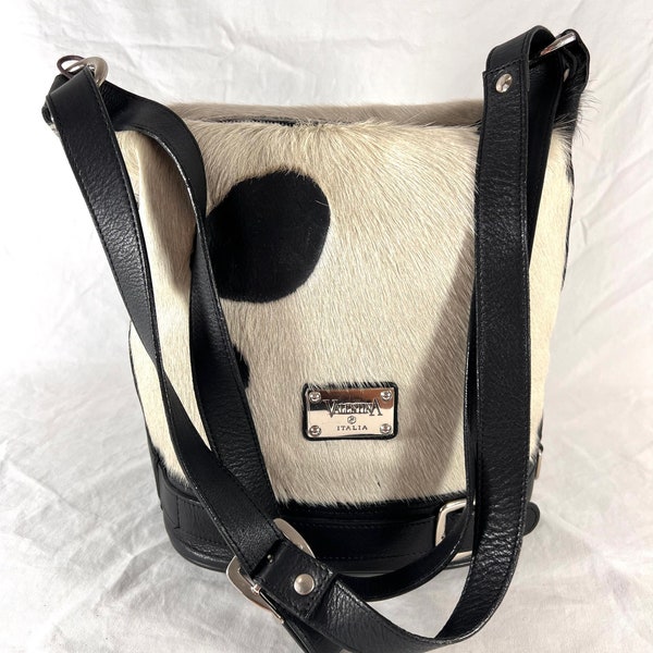 VALENTINA Italia Authentic Vintage White Calf Hair Black Leather Trim Shoulder Bag