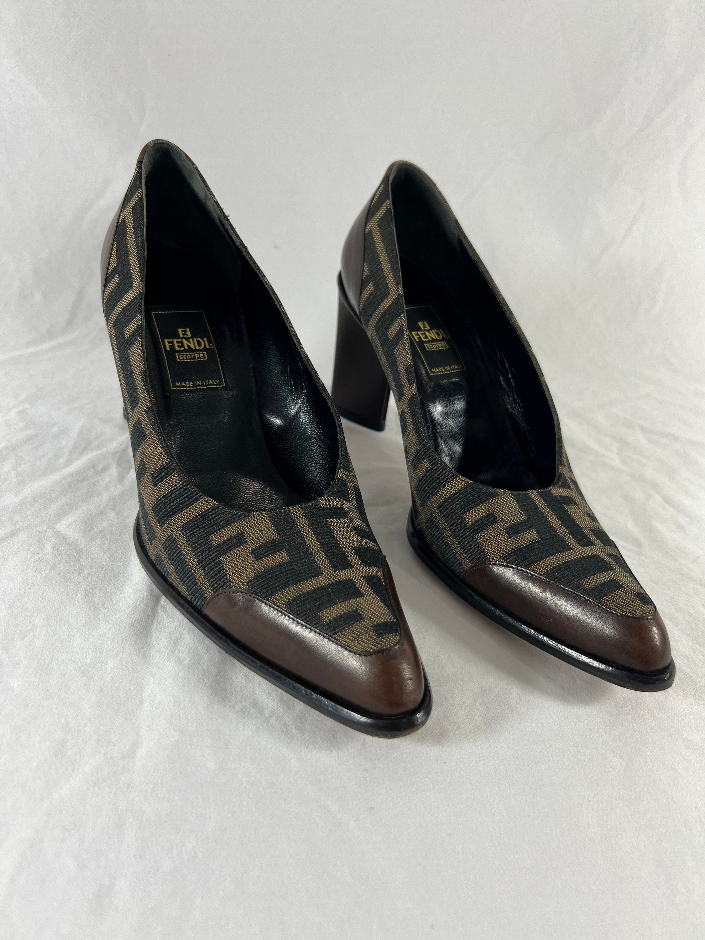 FENDI Brown Canvas FF Logo Print Zucca Pump Heels Made in Italy