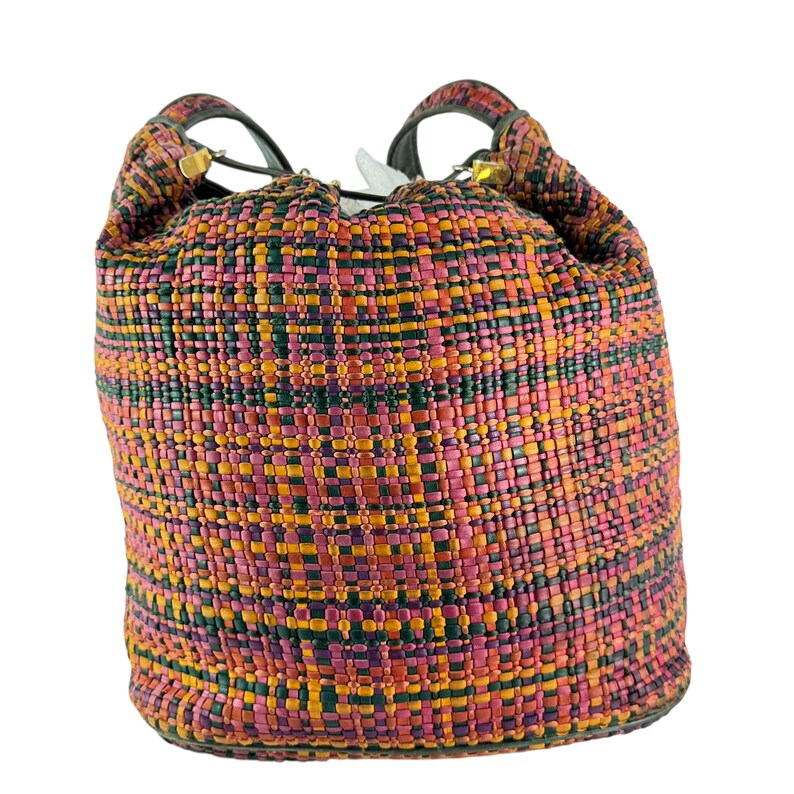 May include: A bucket bag with a woven pattern in pink, orange, green, and yellow. It has black handles and gold-coloured details. The bag is made of a woven material, and is a stylish accessory.