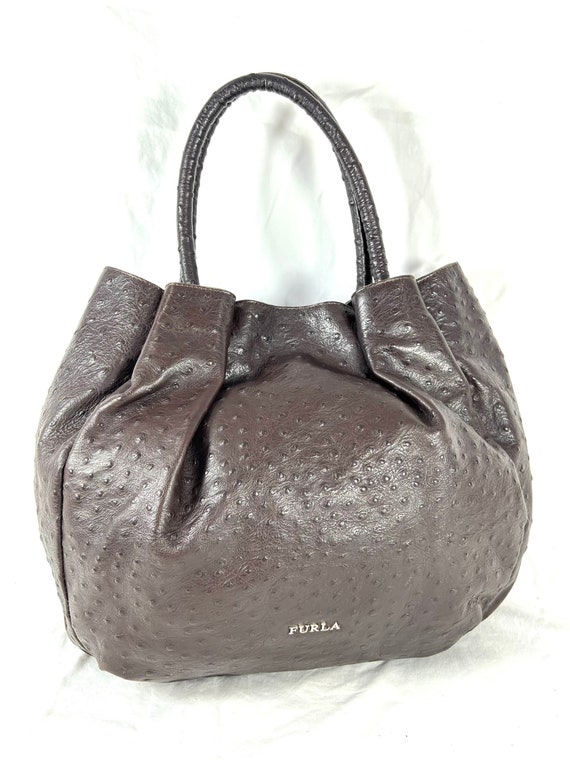 FURLA Authentic Brown Ostrich Embossed Leather Tot