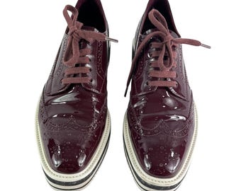 PRADA Brogues Burgundy Patent Leather Women Wingtip Platform Loafers 39 - 9US