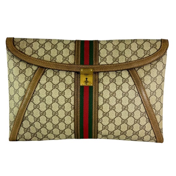 80s GUCCI Brown Supreme Canvas Monogram Web Document Portfolio Bag