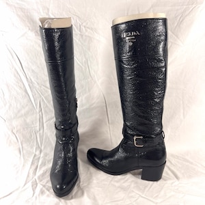 PRADA ITALY RUNWAY CLASSIC SEXY OVER KNEE BLACK LEATHER TALL BOOTS 38.5
