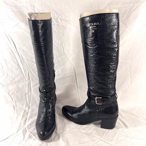 PRADA Authentic Knee High Black Leather Motorcycle Zip Women Boots 35 (5 US)