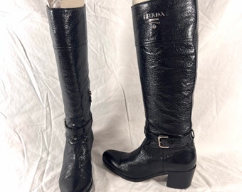 PRADA Authentic Knee High Black Leather Motorcycle Zip Women Boots 35 (5 US)