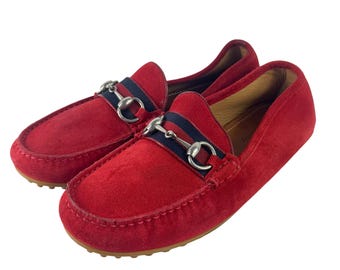 GUCCI 450892 Red Suede Leather Driver Horsebit Webb Men display picture 2