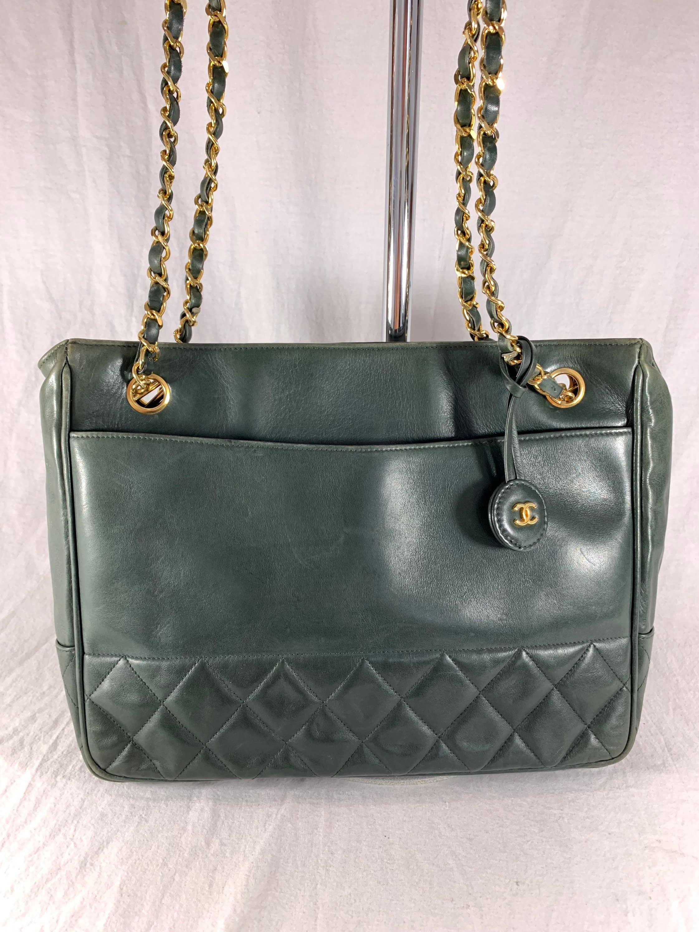 CHANEL Vintage Classic Quilted Green Leather Chain Link Tote 
