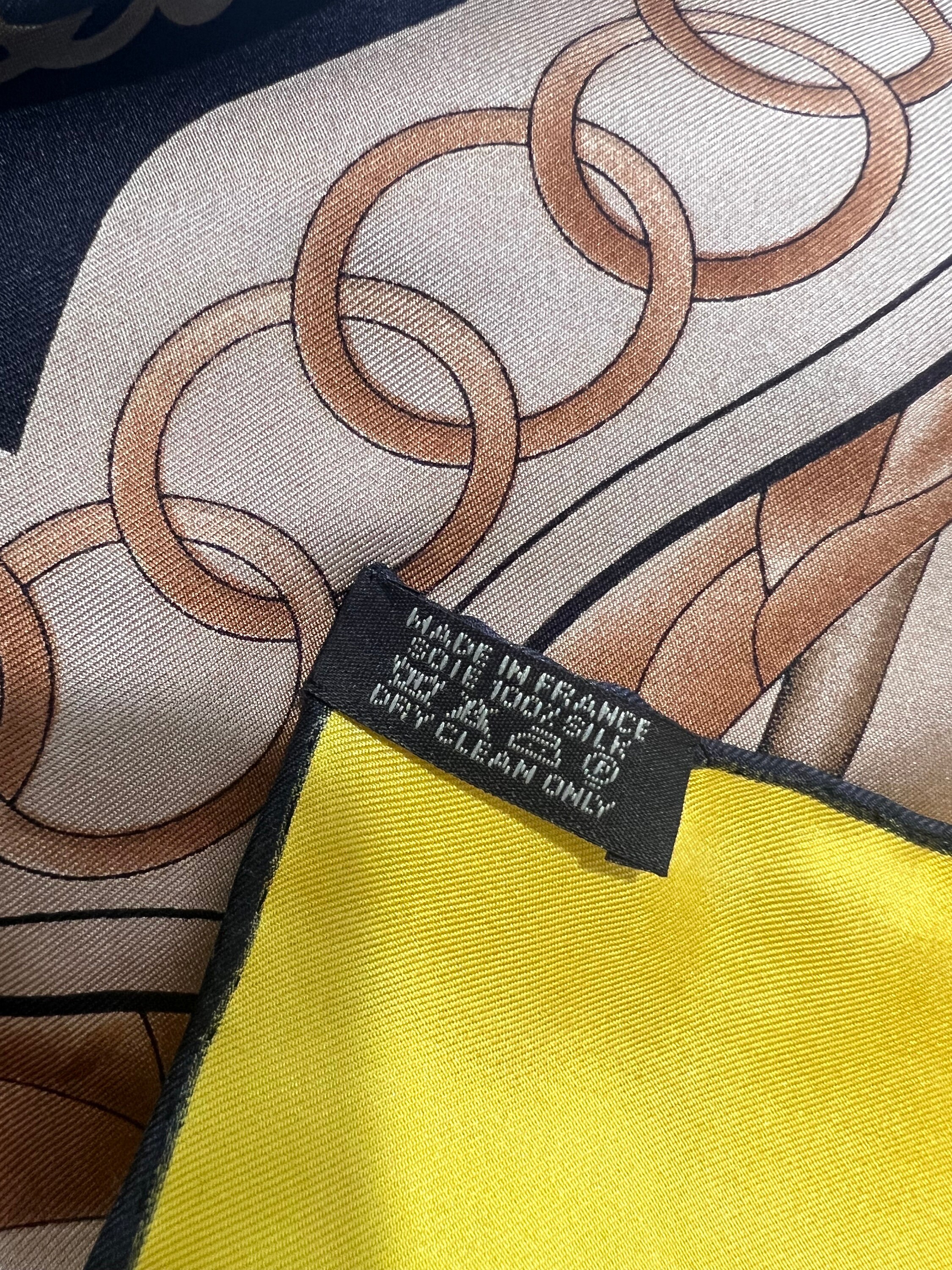 HERMES Cliquetis Yellow 100% Silk With Swords Pattern Scarf