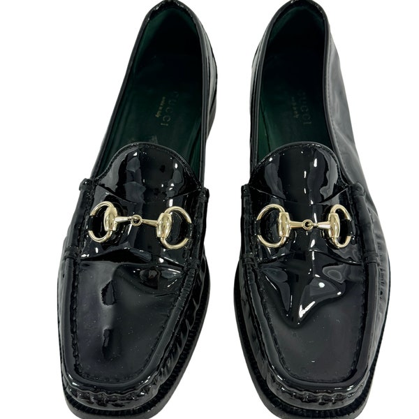 GUCCI Black Patent Leather Horsebit Women's Loafers Made in Italy 38-8US