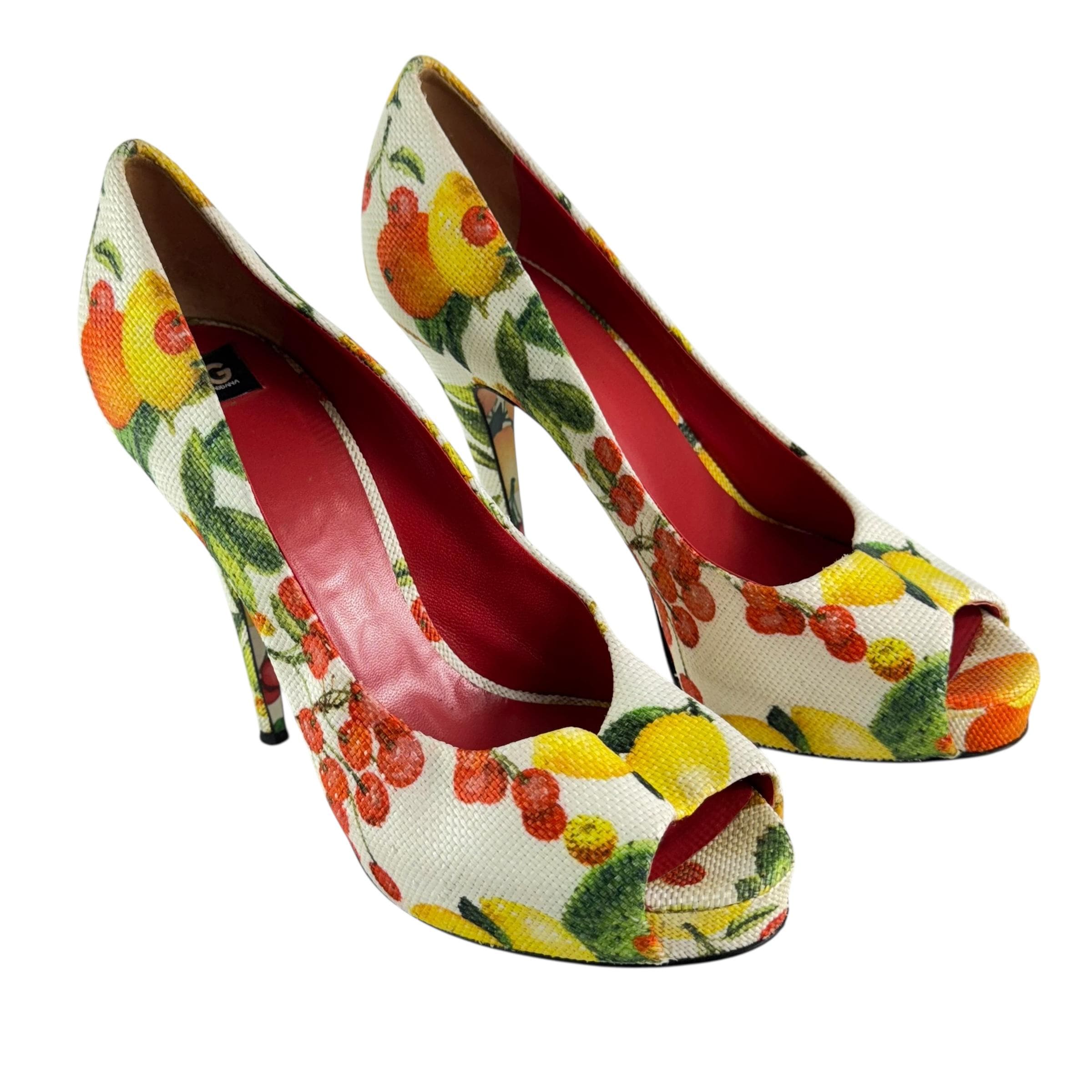 DOLCE and GABBANA Multicolor Floral Platform Peep Toe Heels Marked
